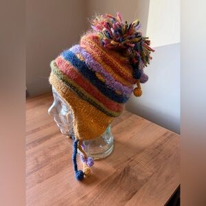 Sweet Turns Adorable Shaggy Pom Pom Tassel Woven Multicolored Beanie